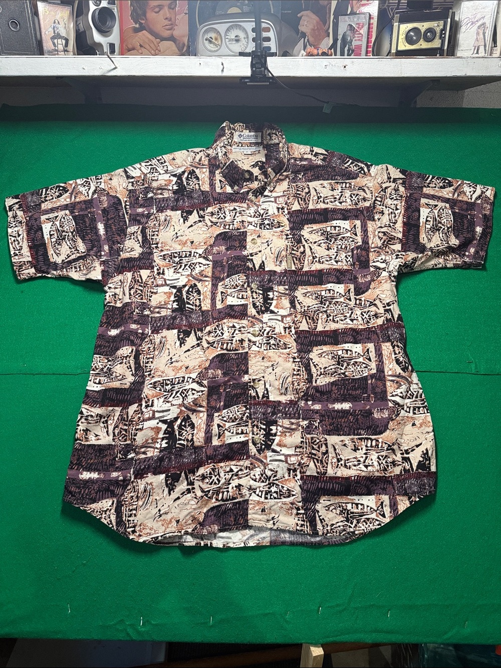 Vintage Columbia 90s Sportswear Fish Block Print Shirt Sleeve Cotton Men’s XL